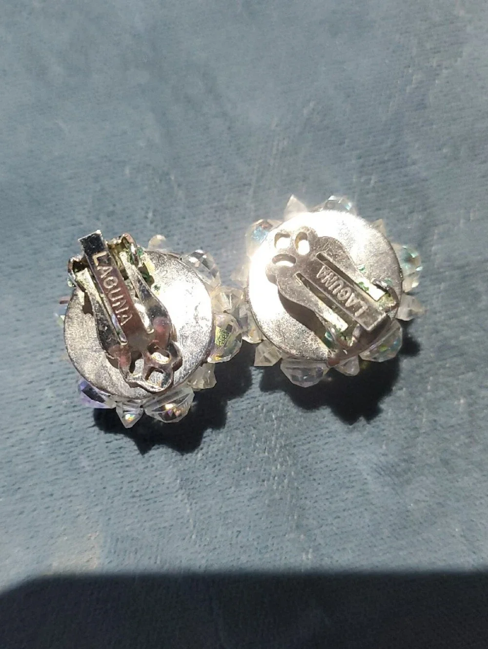 Vintage Iridescent Crystal Cluster Stud Earrings - Clear Aurora Rainbow Clip On